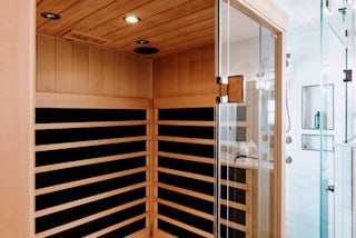 A photograph of a newly installed sauna in a new bathroom renovation / remodel completed by Homefix of Colorado Sprins