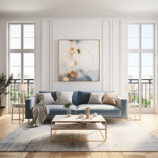 A living room interior that is minimal with a soft color palett