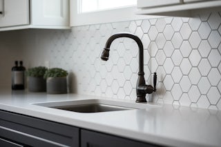 A remodeled kitchen with a white backsplash tile