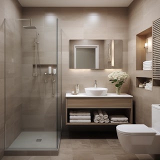 A small luxury bathroom with neutral colors with porcelain tile