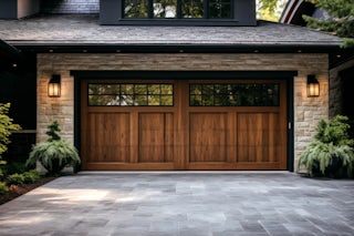 A photograph of a newly installed wooden garage door with glass windows on the top on a suburban house in Colorado Springs