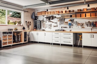 A photograph of a remodeled garage with customized cabinets and a sealed / polished concrete garage floor in Colorado Springs