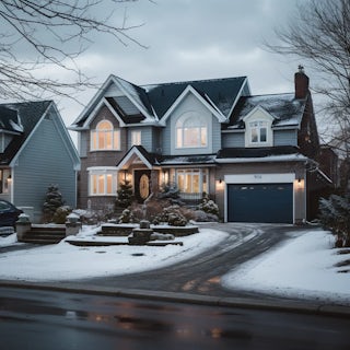 A suburban house lit up in the middle of winter